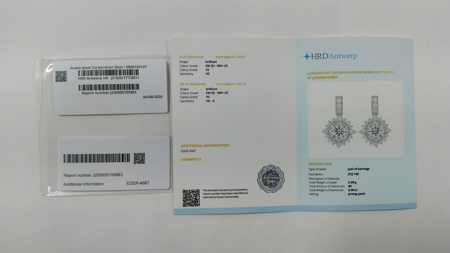 3.90 Carats Lab Grown Diamond 14K Gold Earrings