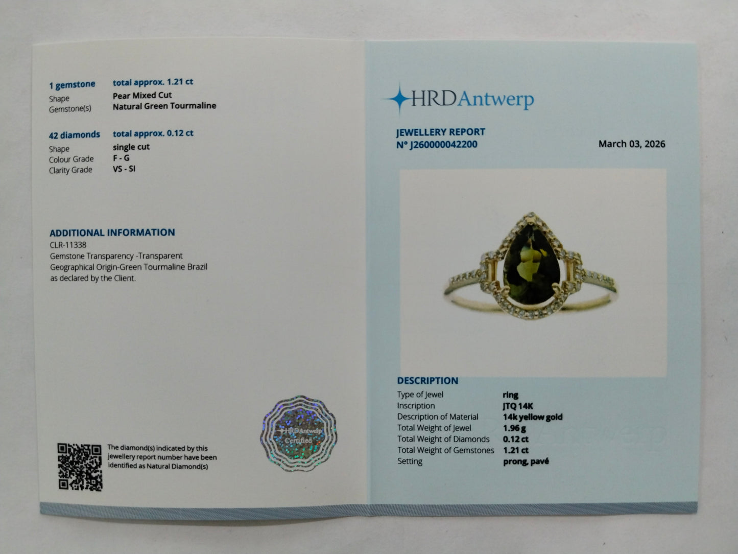 1.33 Ct Pear Mixed Cut Natural Green Tourmaline 14K Gold Ring