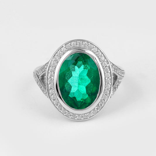 6.78 Ct Oval Green Topaz, Cubic Zirconia, 925 Sterling Silver Ring