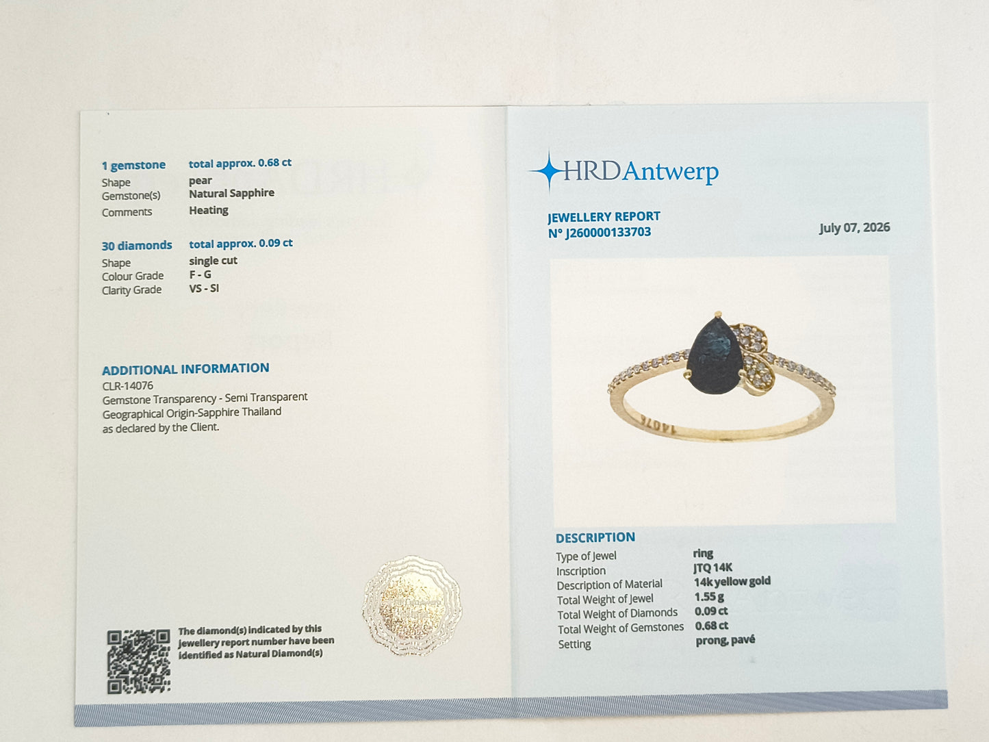 0.77 Ct Pear Natural Sapphire 14K Gold Ring