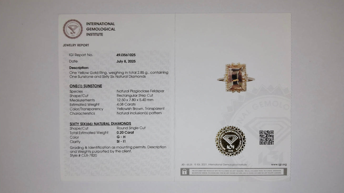 4.28 Ct Rectangular Step Cut Natural Plagioclase Feldspar Sunstone 14K Gold Ring