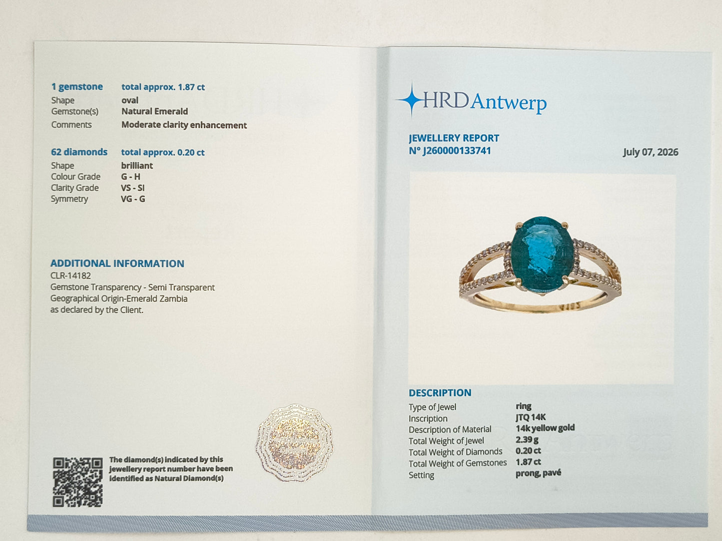2.07 Ct Oval Natural Emerald 14K Gold Ring