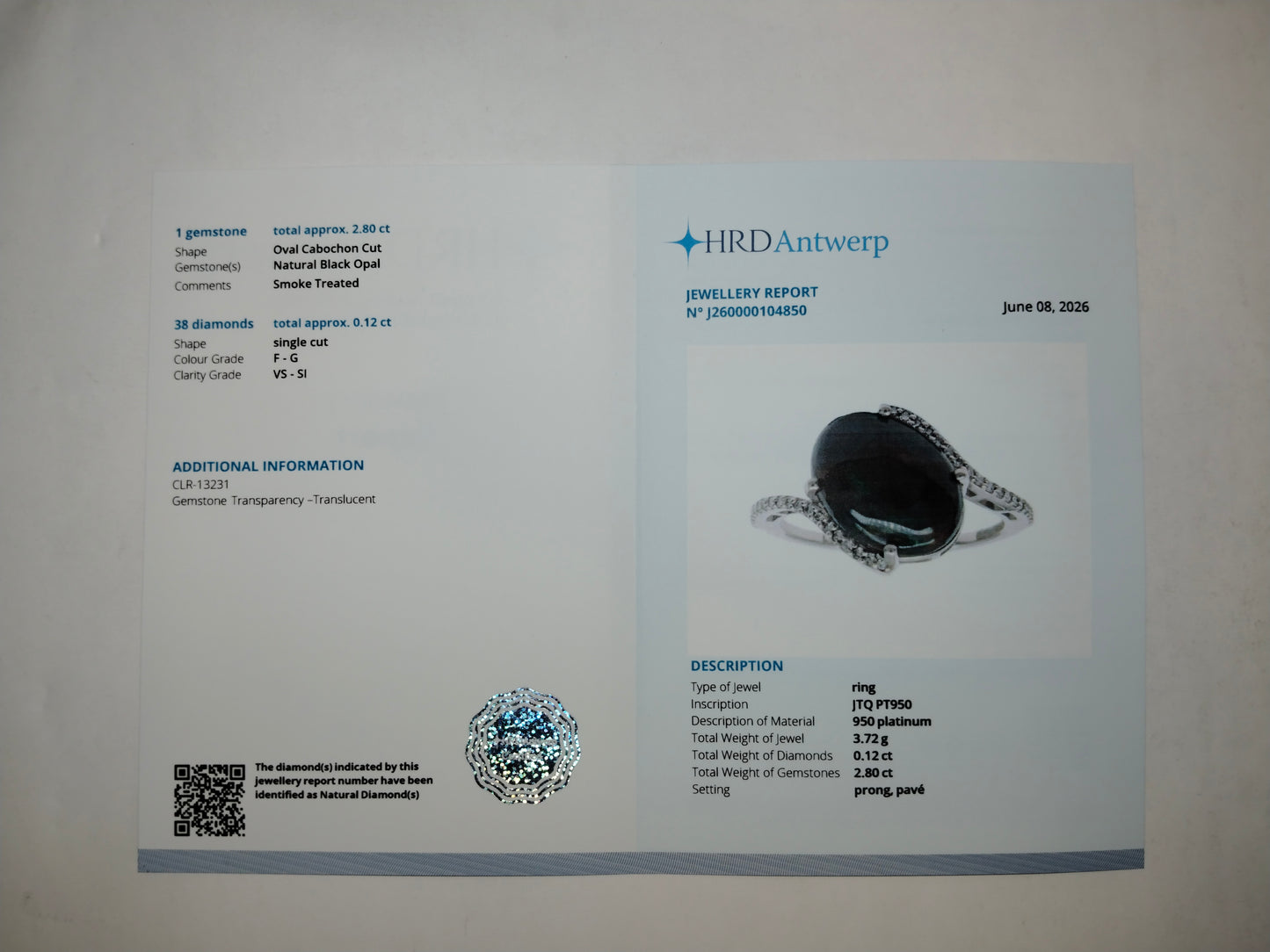 2.92 Ct Oval Cabochon Cut Natural Black Opal 950 Platinum Ring