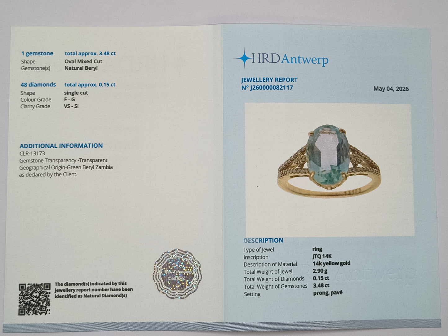 3.63 Ct Oval Mixed Cut Natural Beryl 14K Gold Ring