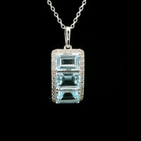 4.62 Ct Octagon Blue Topaz, White Zircon 925 Sterling Silver Pendant