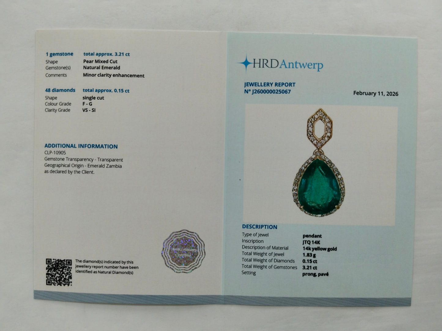3.36 Ct Pear Mixed Cut Natural Emerald 14K Gold Pendant