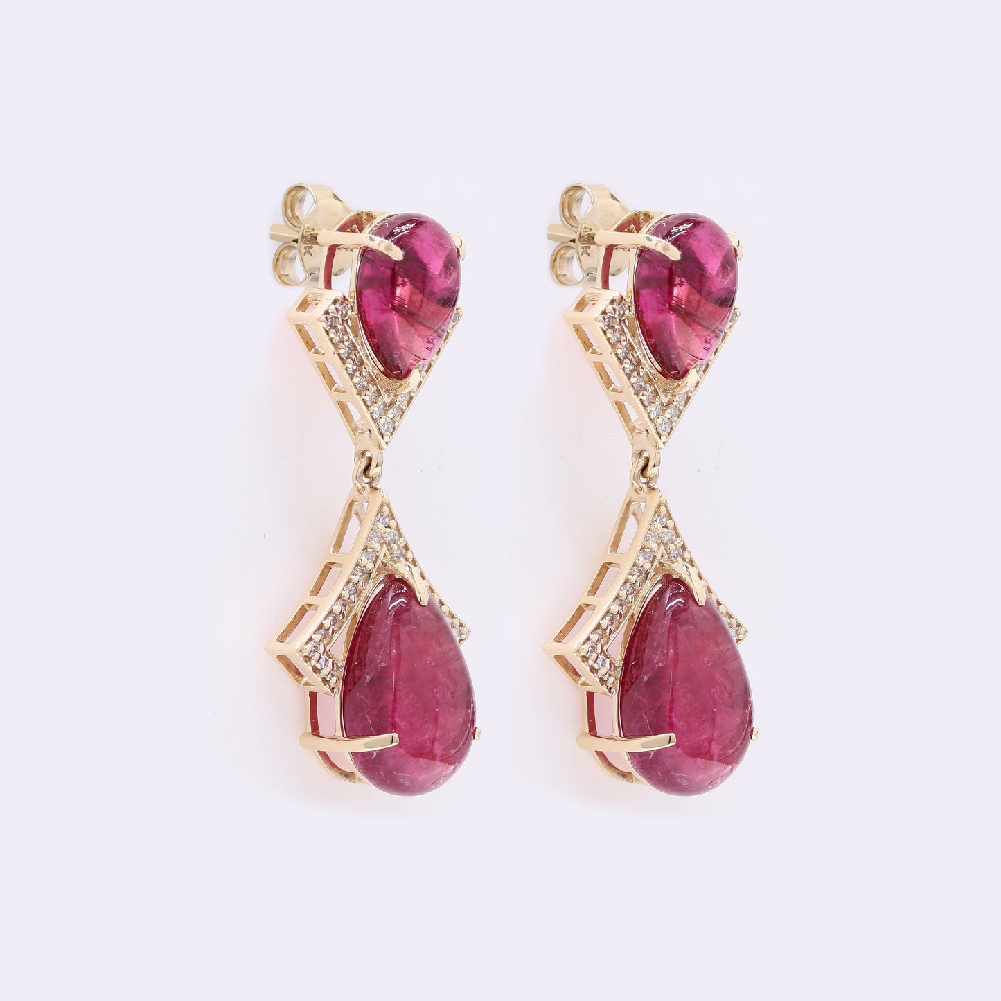 10.62 Ct Pear Cabochon Natural Rubellite 14K Gold Earrings