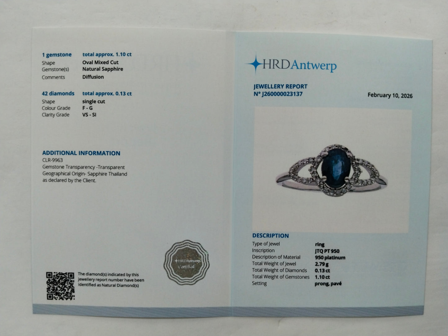 1.23 Ct Oval Mixed Cut Natural Sapphire 950 Platinum Ring