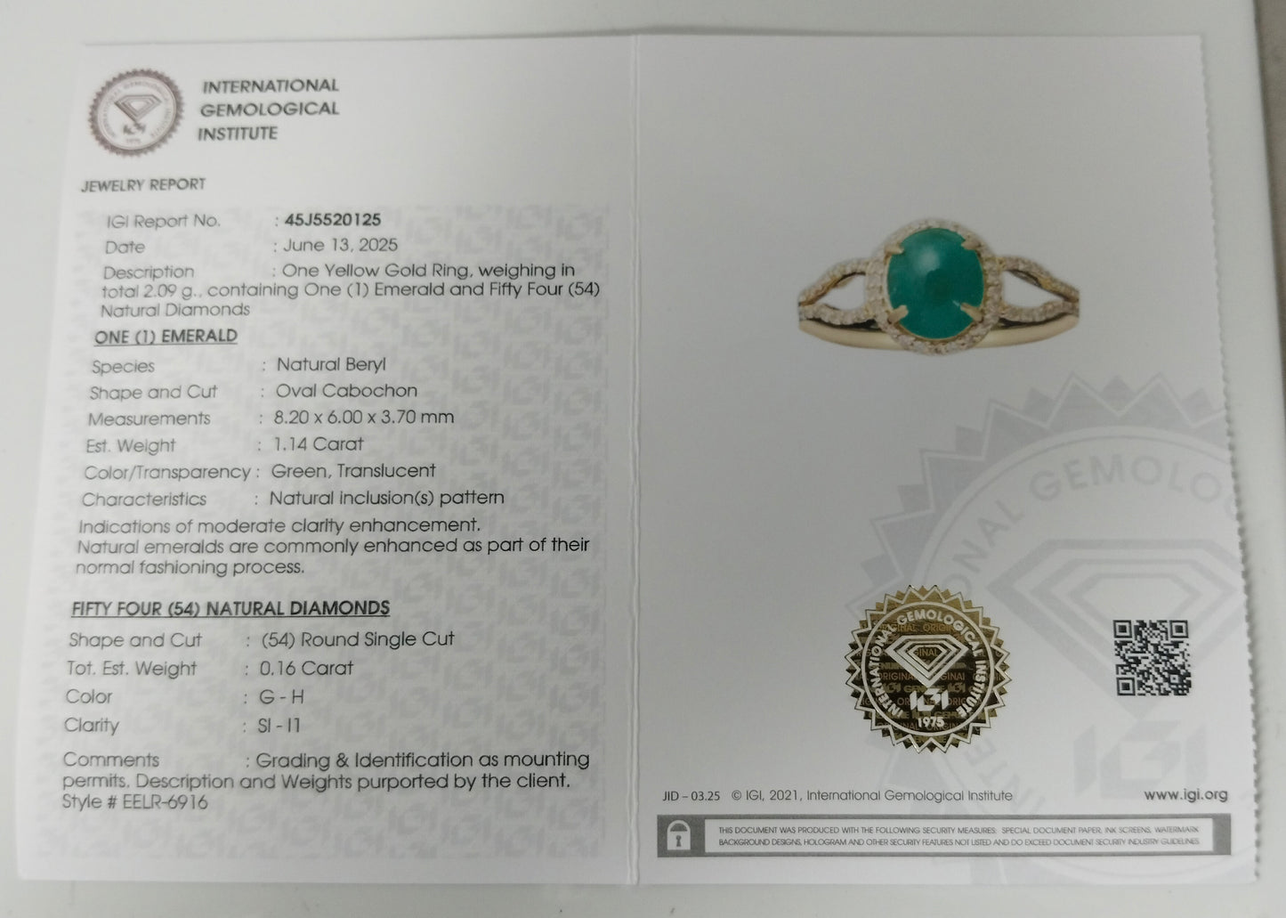 1.30 Ct Oval Cabochon Natural Beryl Emerald 14K Gold Ring