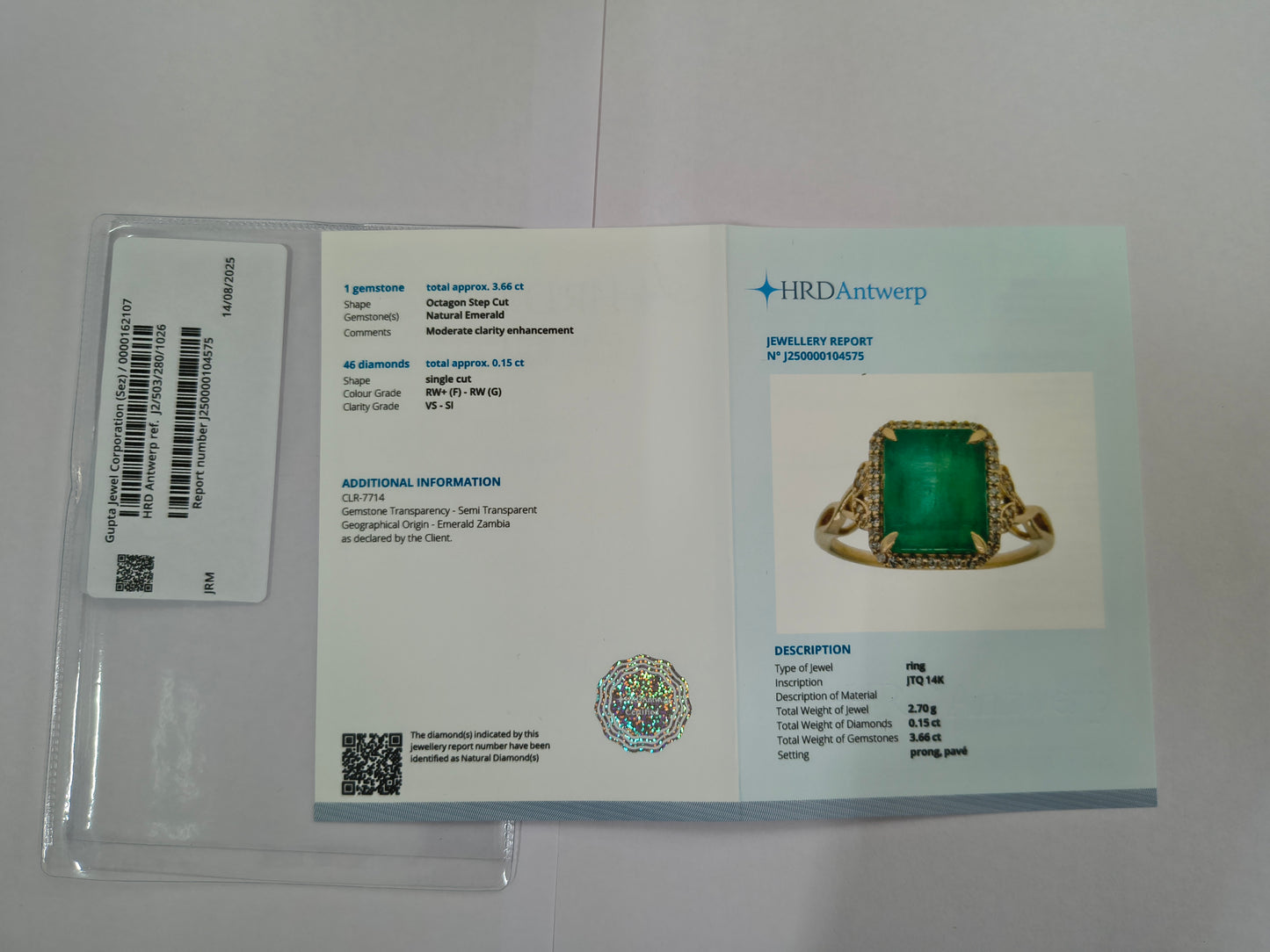 3.81 Ct Octagon Step Cut Natural Emerald 14K Gold Ring