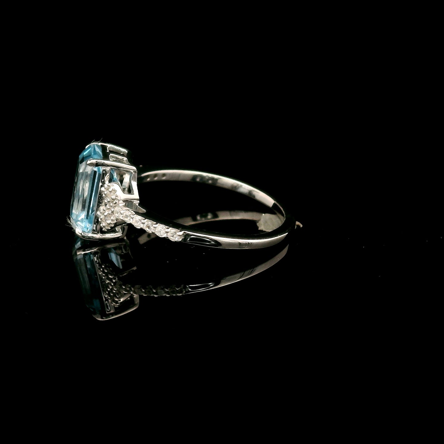 3.01 Ct Octagon Blue Topaz, White Zircon 925 Sterling Silver Ring