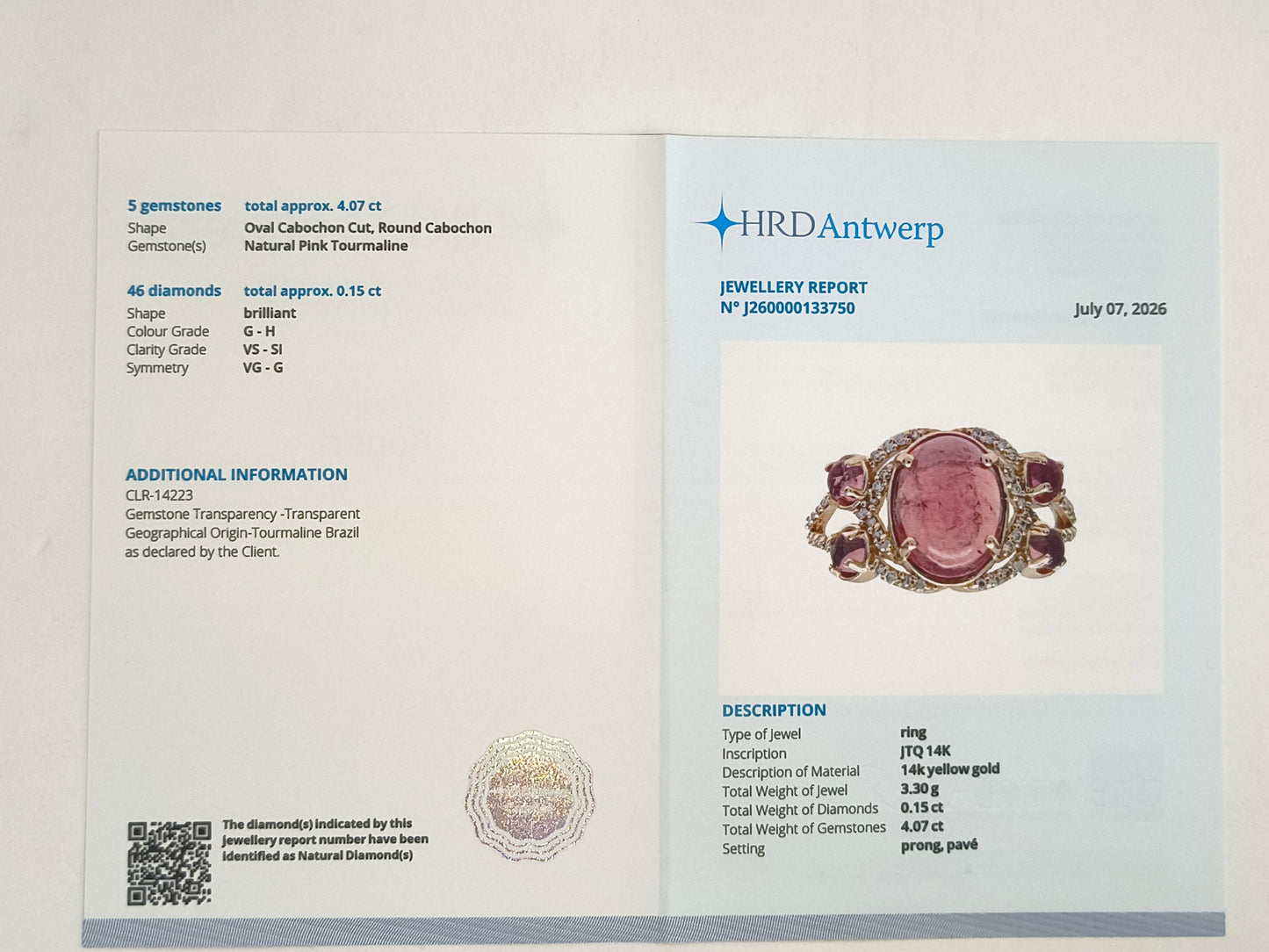 4.22 Ct Oval Cabochon Cut, Round Cabochon Cut Natural Pink Tourmaline 14K Gold Ring