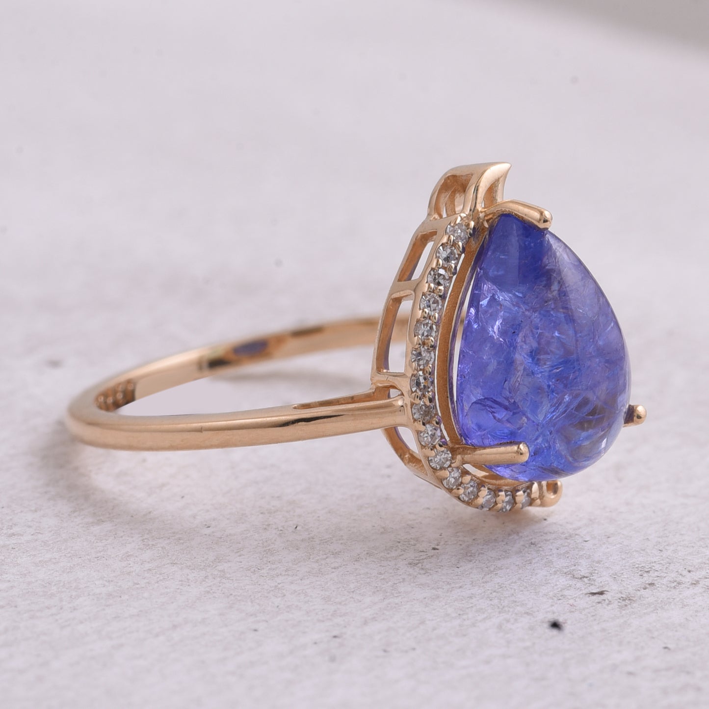 3.36 Ct Pear Cabochon Natural Tanzanite 14K Gold Ring