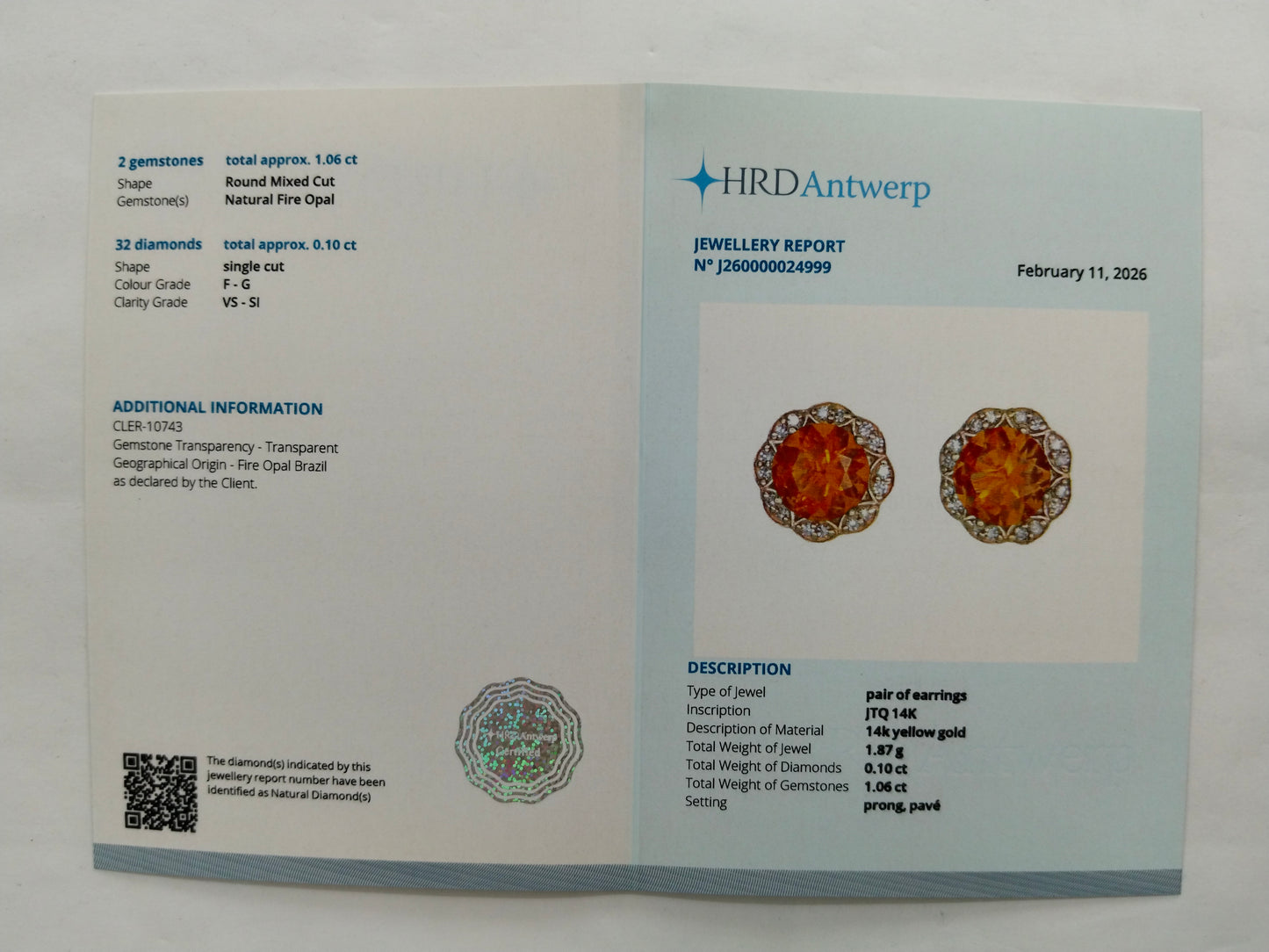 1.16 Ct Round Mixed Cut Natural Fire Opal 14K Gold Earrings
