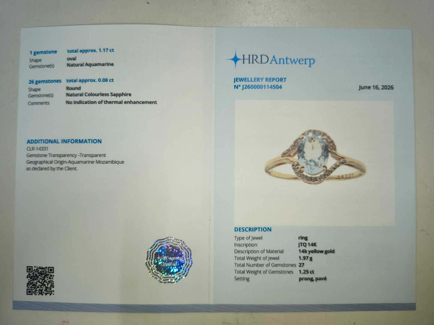 1.25 Ct Oval Natural Aquamarine 14K Gold Ring