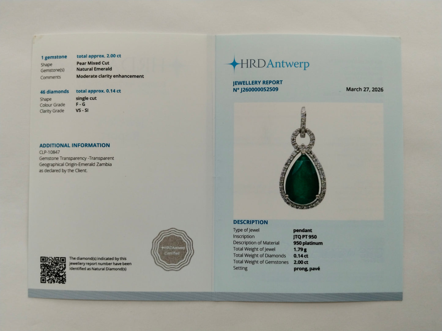 2.14 Ct Pear Mixed Cut Natural Emerald 950 Platinum Pendant