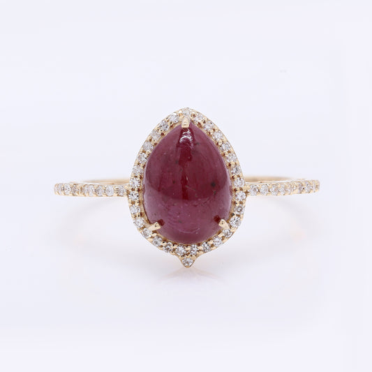 3.90 Ct Pear Cabochon Natural Corundum Ruby 14K Gold Ring