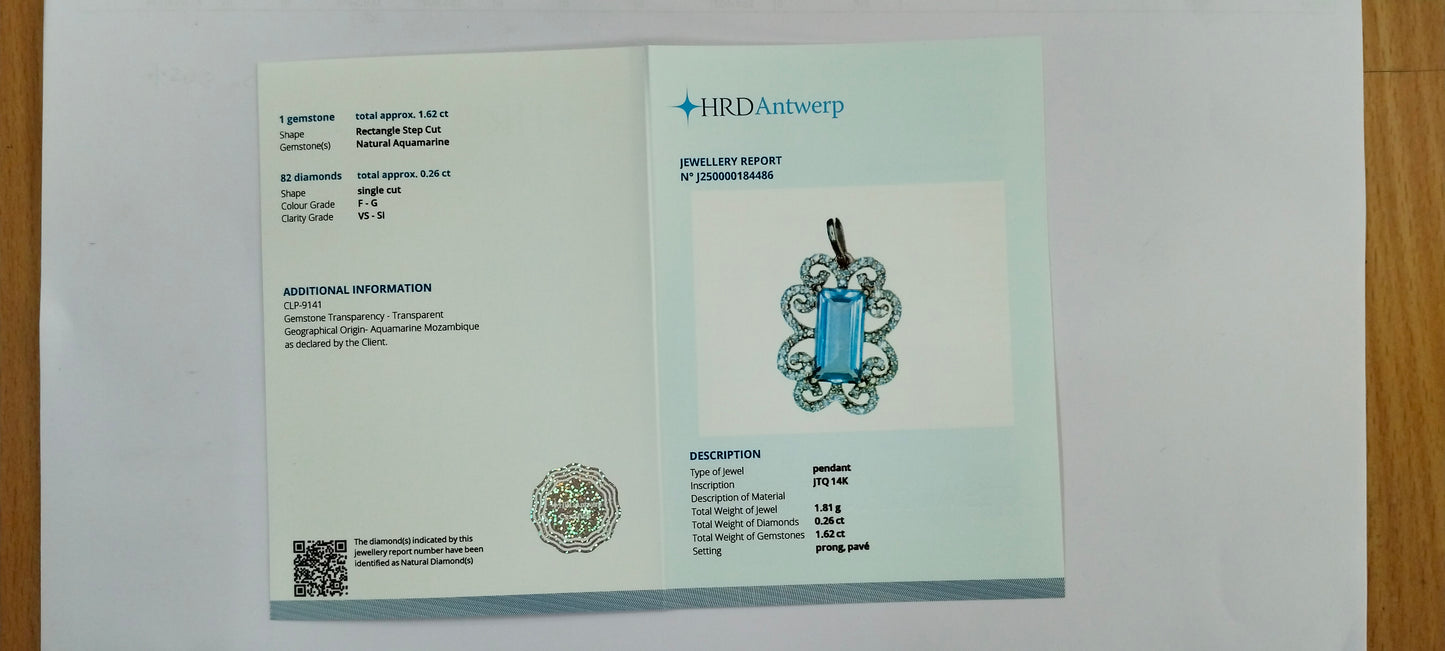 1.88 Ct Rectangle Step Cut Natural Aquamarine 14K Gold Pendant