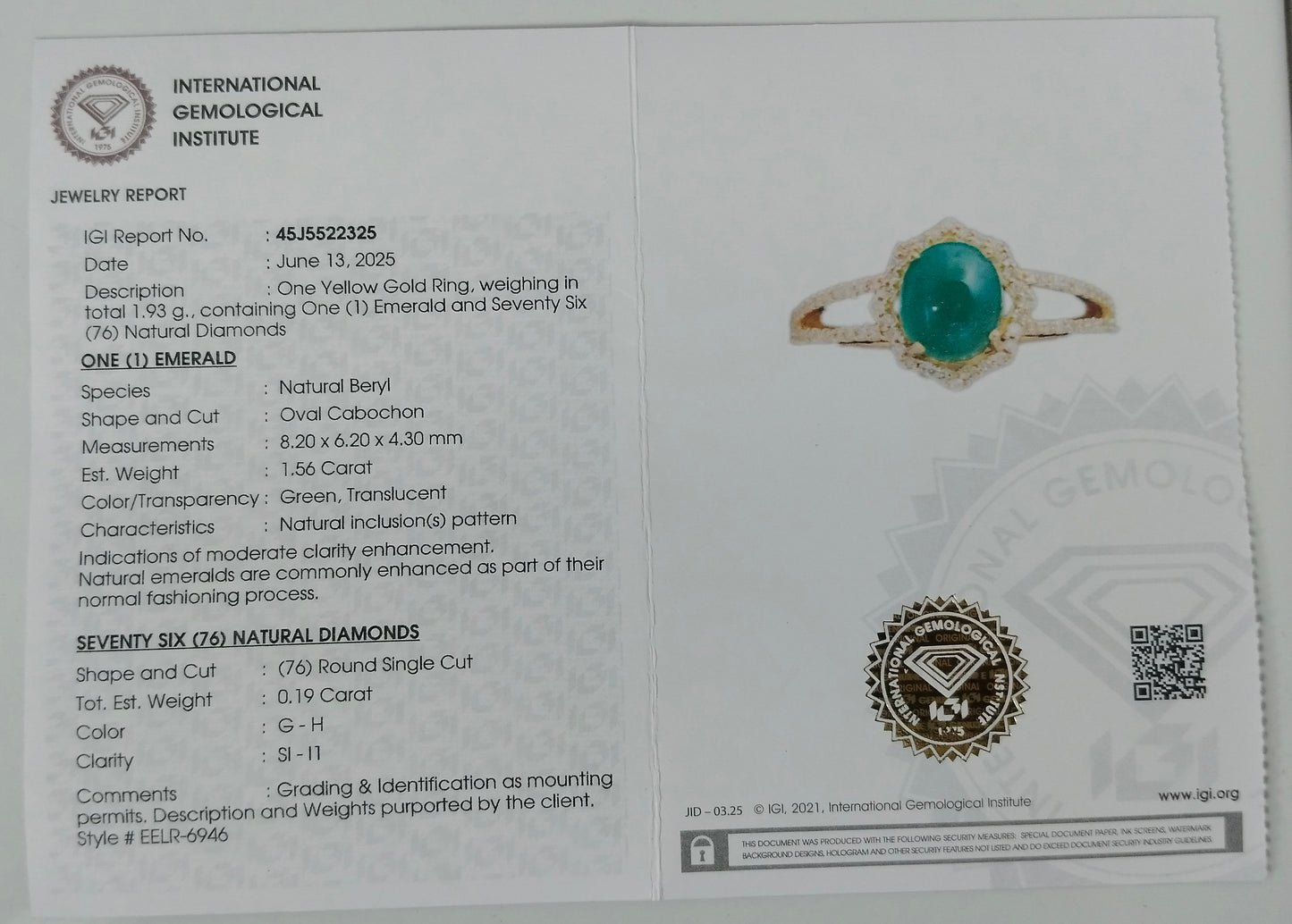 1.75 Ct Oval Cabochon Natural Beryl Emerald 14K Gold Ring