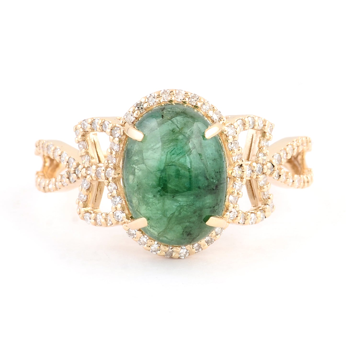3.45 Ct Oval Cabochon Natural Beryl Emerald 14K Gold Ring