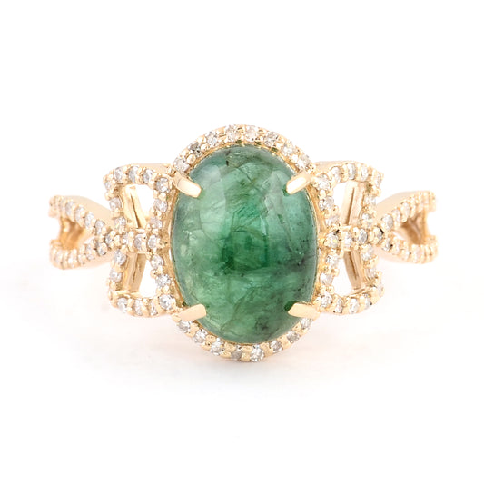 3.45 Ct Oval Cabochon Natural Beryl Emerald 14K Gold Ring
