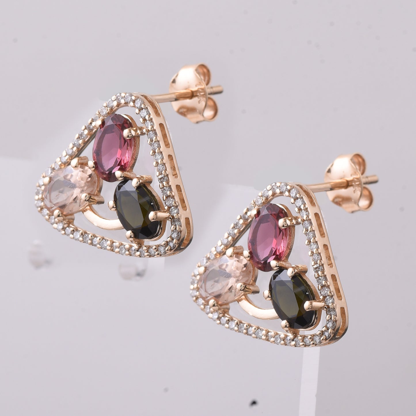 2.89 Ct Oval Mixed Cut Natural Multi-Coloured Tourmaline 14K Gold Earrings