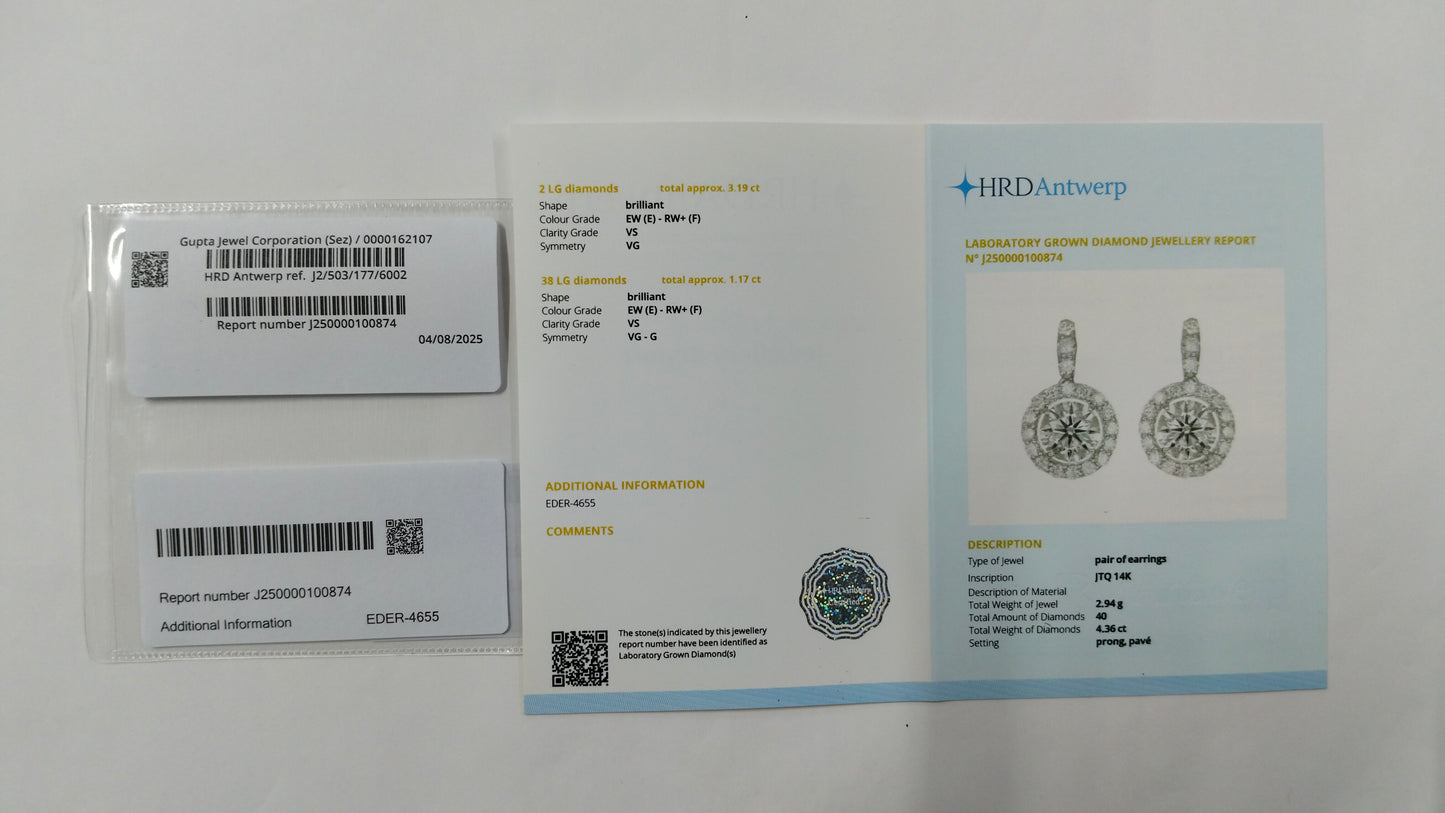 4.36 Carats Lab Grown Diamond 14K Gold Earrings
