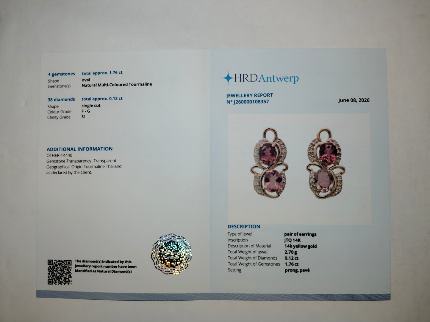 1.88 Ct Oval Mixed Cut Natural Multi-Coloured Tourmaline 14K Gold Earrings