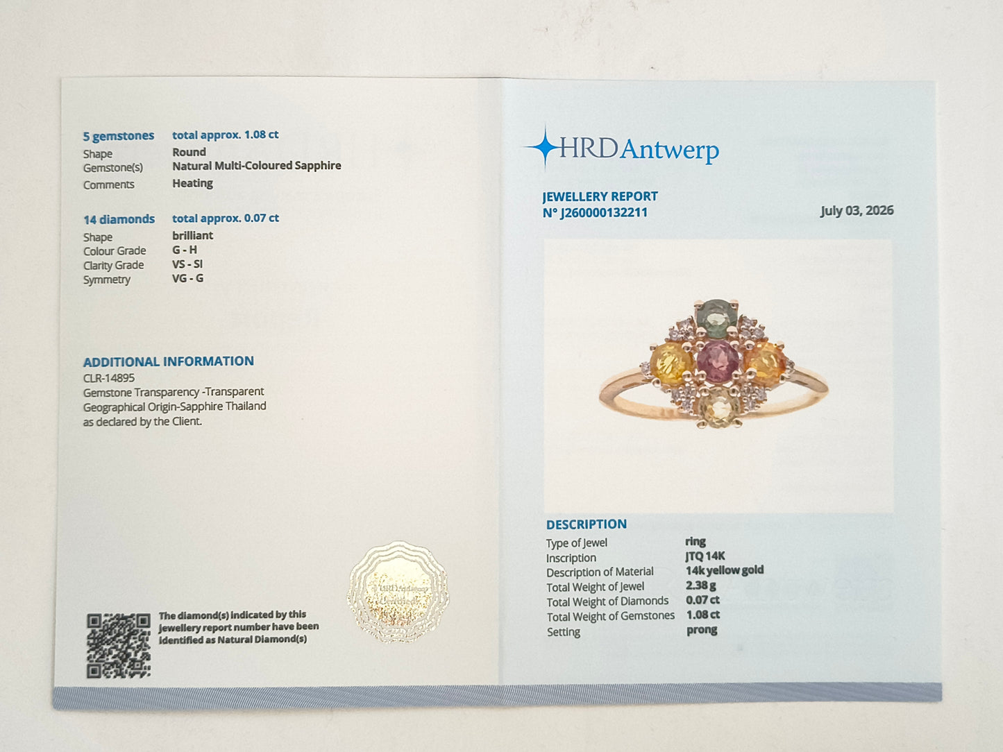 1.15 Ct Round Natural Multi-Coloured Sapphire 14K Gold Ring