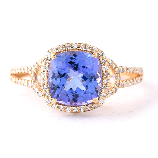 2.77 Ct Cushion Mixed Cut Natural Tanzanite 14K Gold Ring
