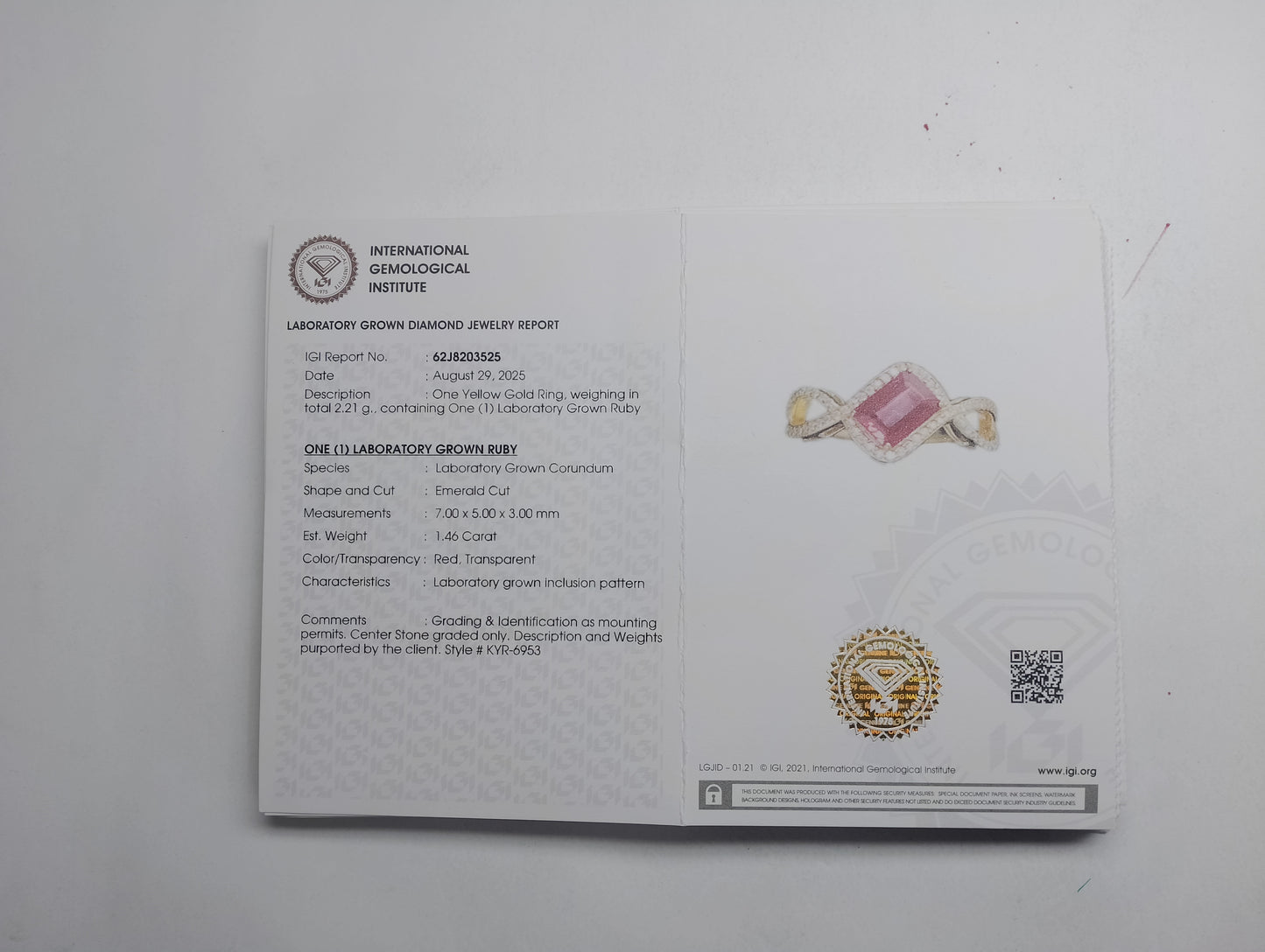 1.68 Ct Emerald Cut Lab Grown Ruby 14K Gold Ring