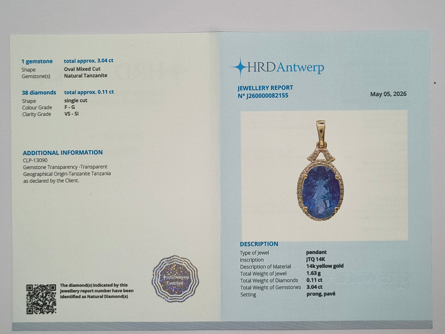 3.15 Ct Oval Mixed Cut Natural Tanzanite 14K Gold Pendant