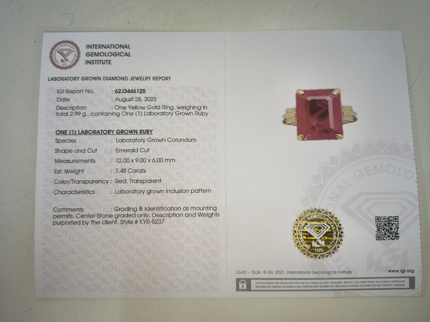 7.55 Ct Emerald Cut Lab Grown Ruby 14K Gold Ring