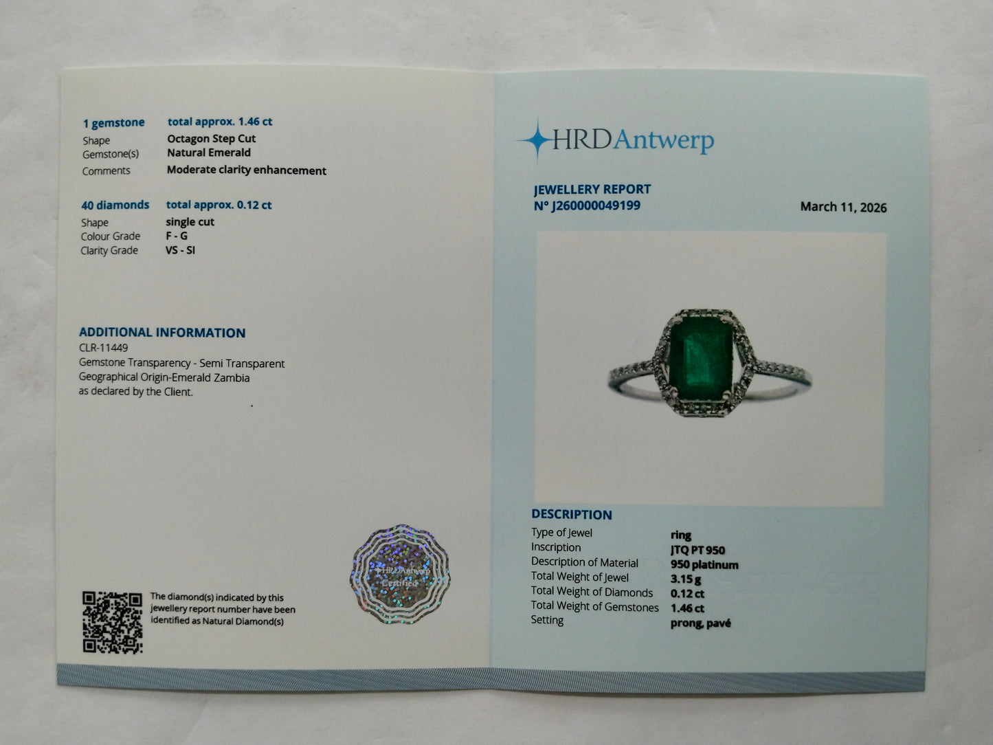 1.58 Ct Octagon Step Cut Natural Emerald 950 Platinum Ring
