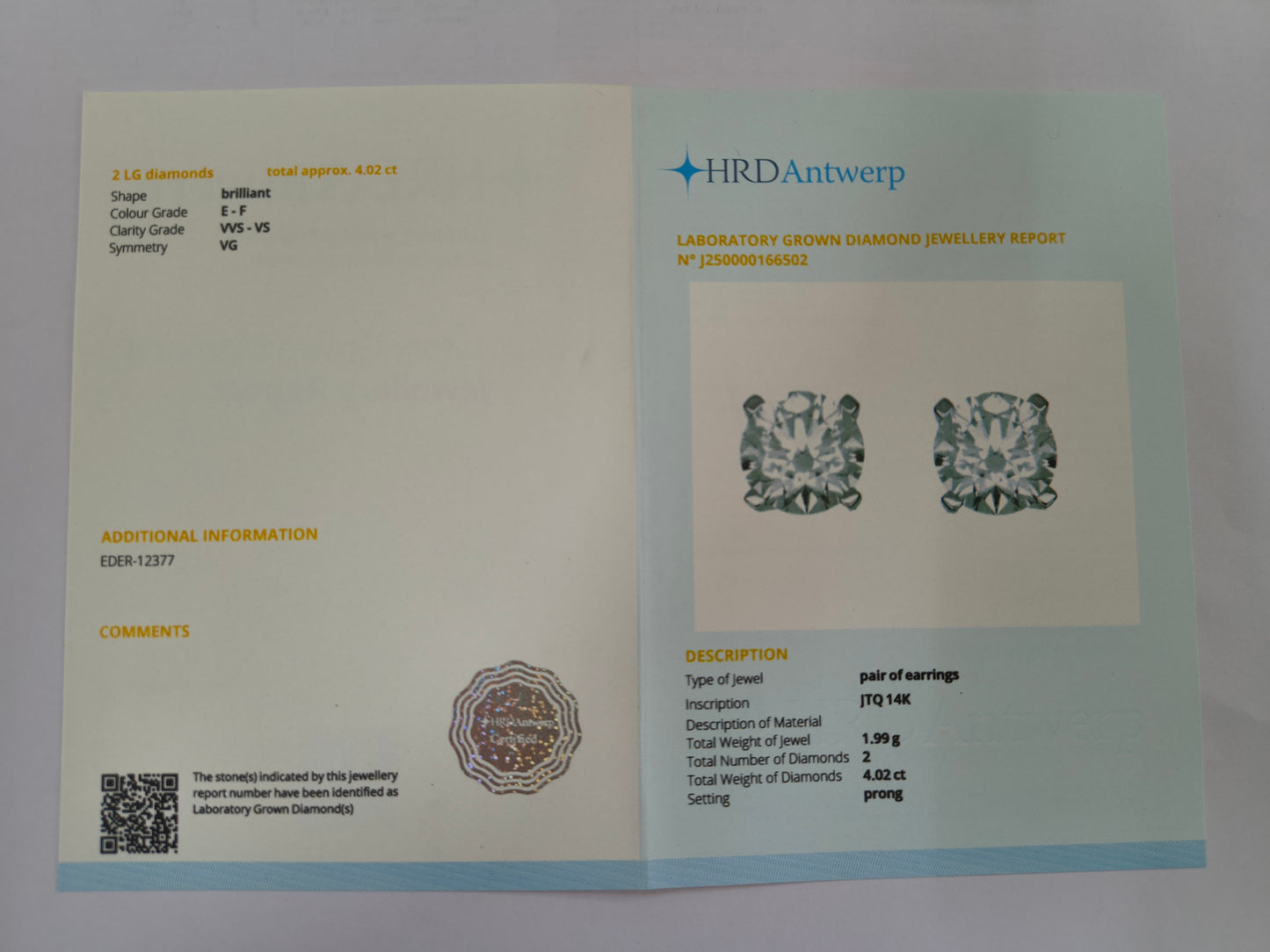 4.02 Carats Lab Grown Diamond 14K Gold Earrings