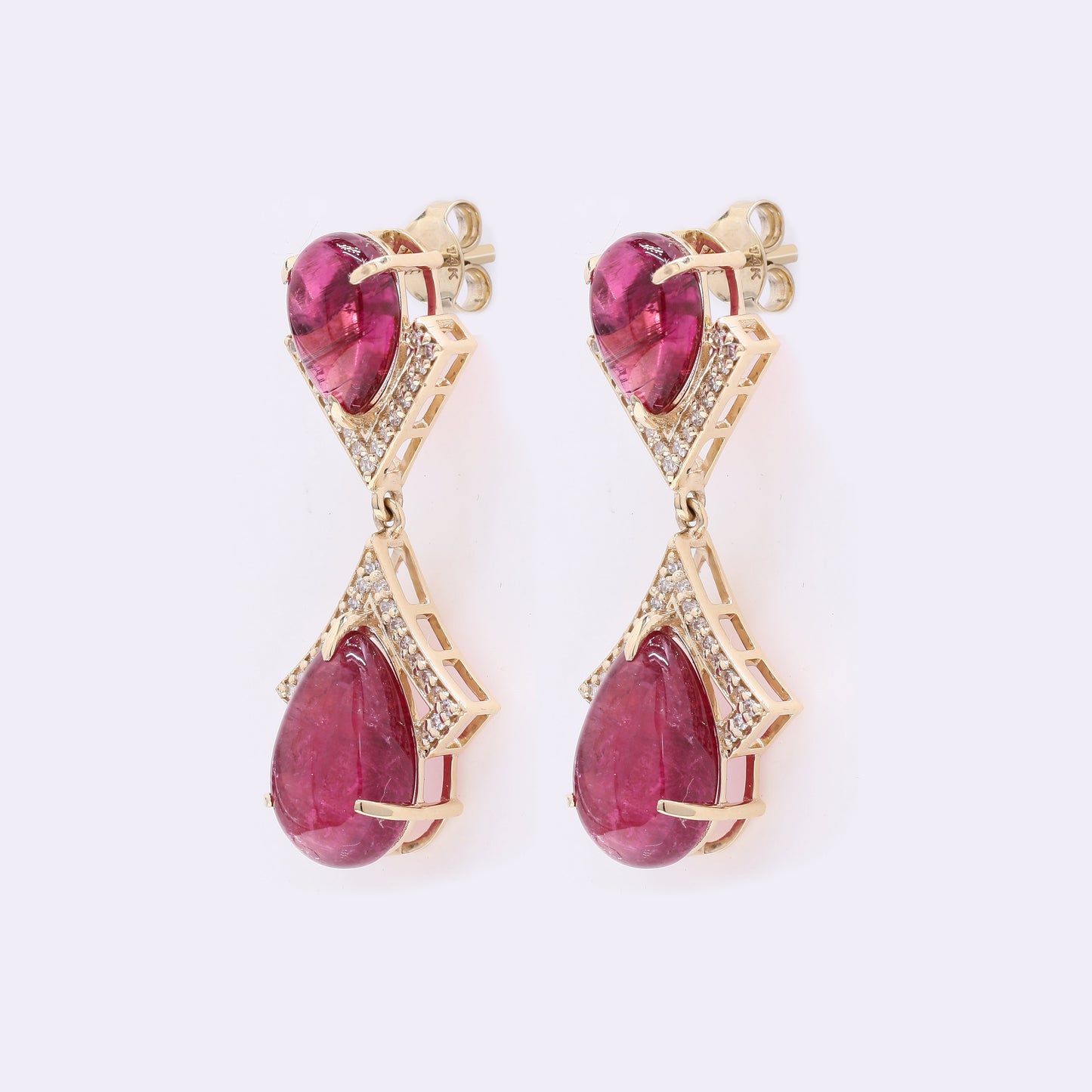 10.62 Ct Pear Cabochon Natural Rubellite 14K Gold Earrings