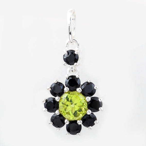 1.22 Ct Round Peridot, Black Spinal, 925 Sterling Silver Pendant