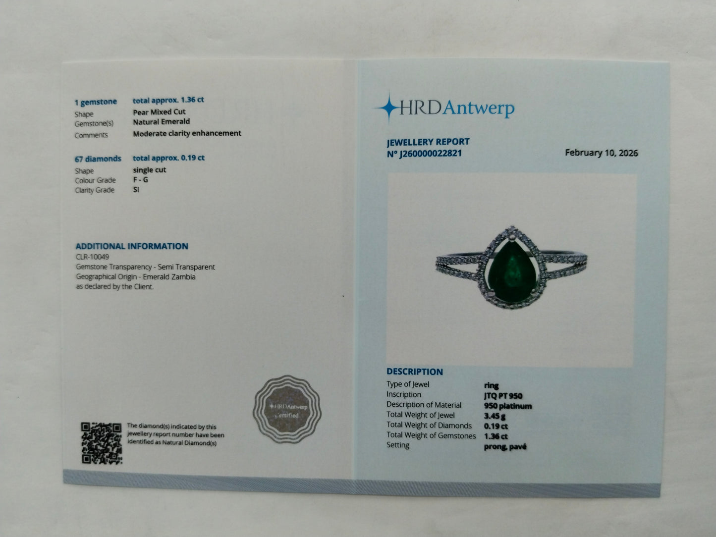 1.55 Ct Pear Mixed Cut Natural Emerald 950 Platinum Ring