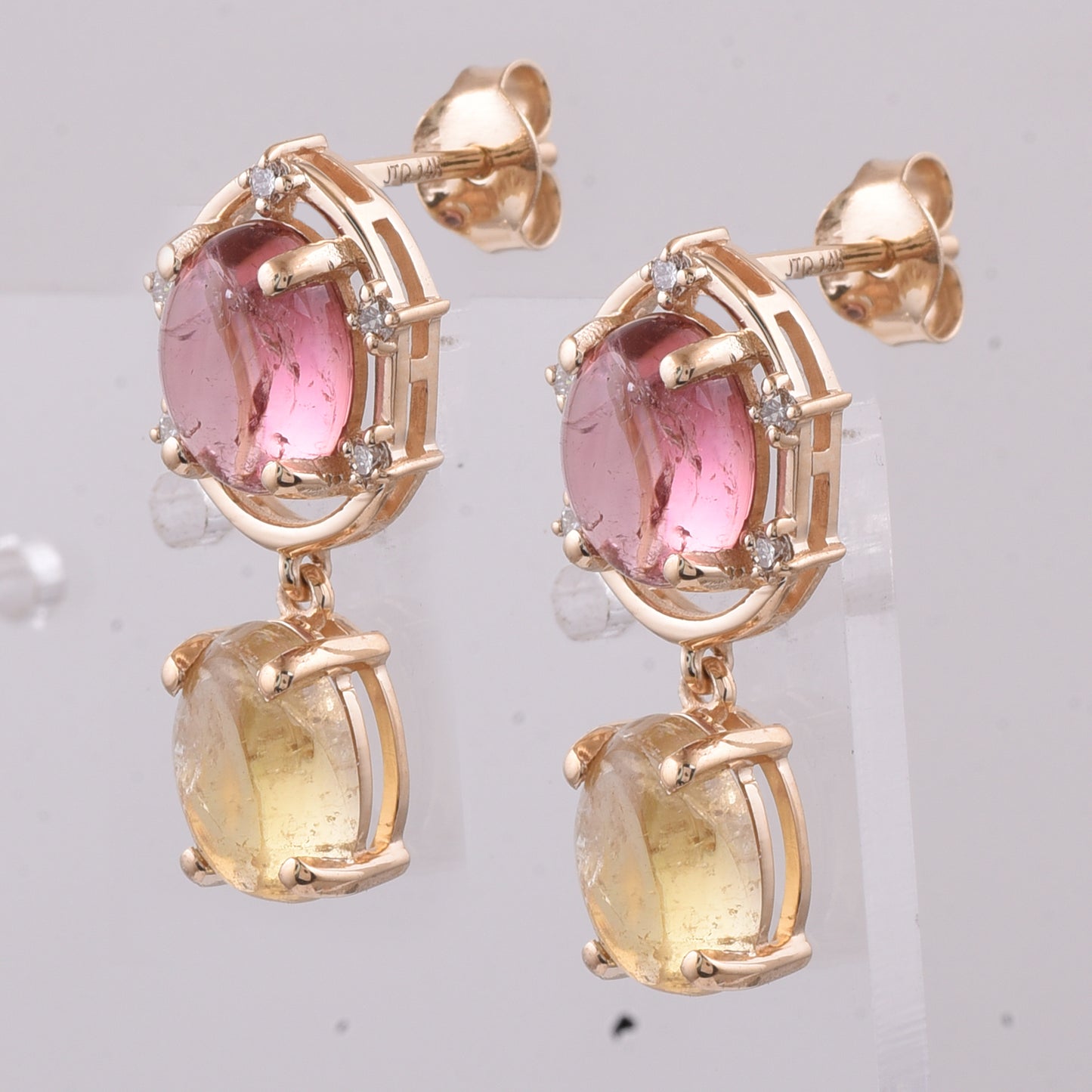 5.56 Ct Oval Cabochon Cut Natural Multi-Coloured Tourmaline 14K Gold Earrings