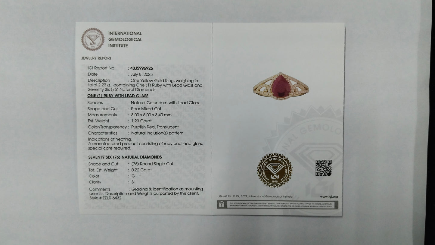 1.45 Ct Pear Mixed Cut Natural Corundum Ruby 14K Gold Ring