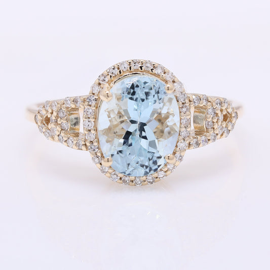 2.14 Ct Oval Mixed Cut Natural Aquamarine 14K Gold Ring