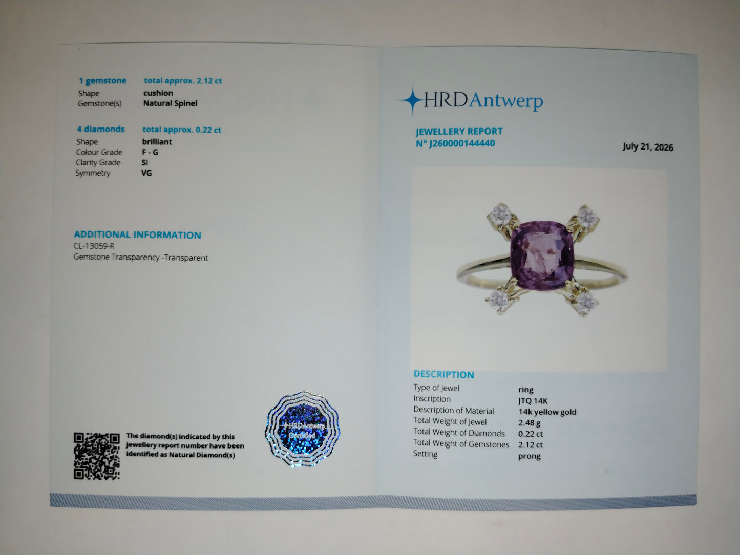 2.34 Ct Cushion Natural Spinel 14K Gold Ring