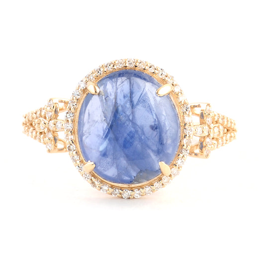 4.49 Ct Oval Cabochon Natural Corunum Sapphire 14K Gold Ring