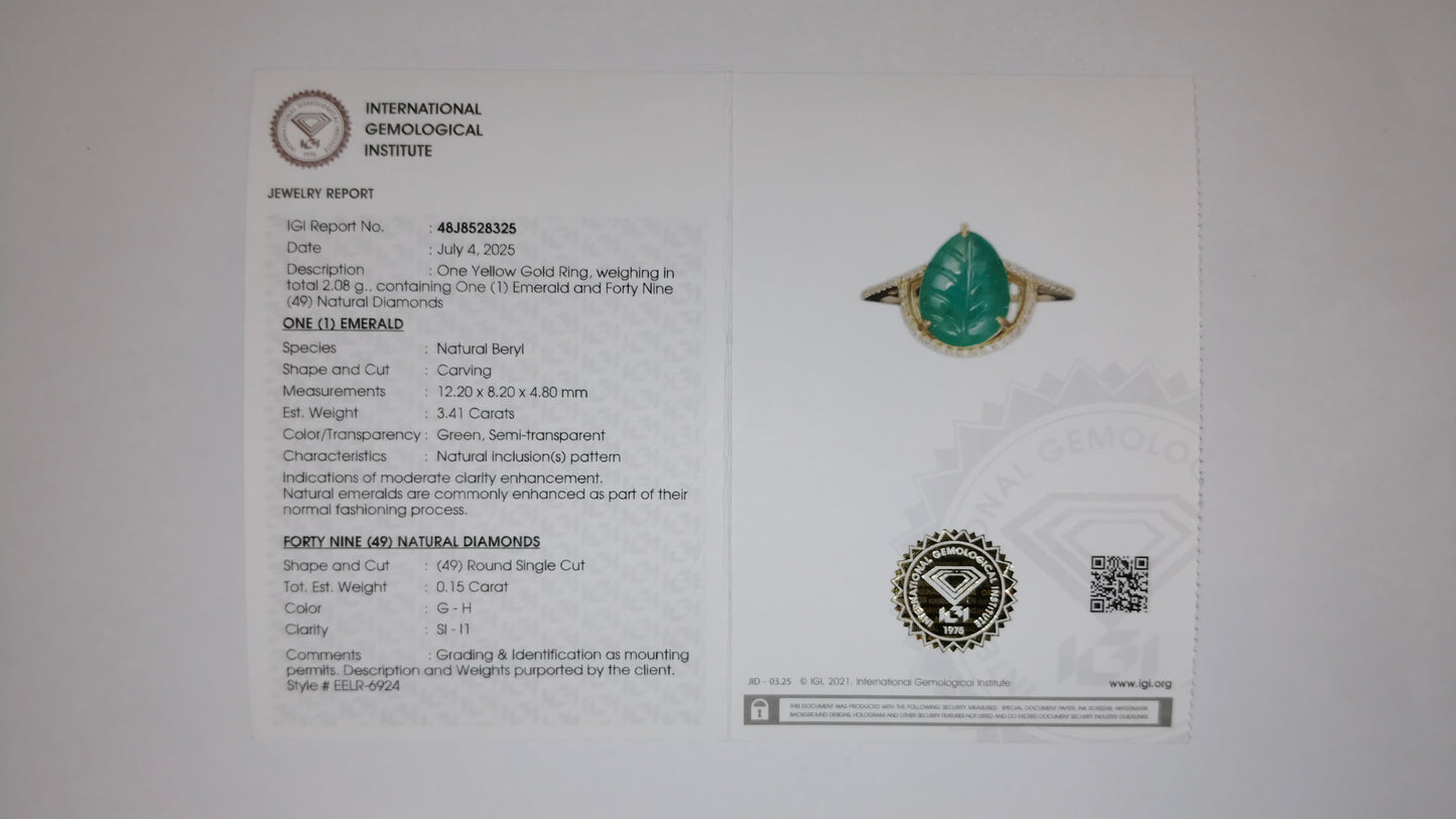 3.56 Ct Pear Carving Natural Beryl Emerald 14K Gold Ring