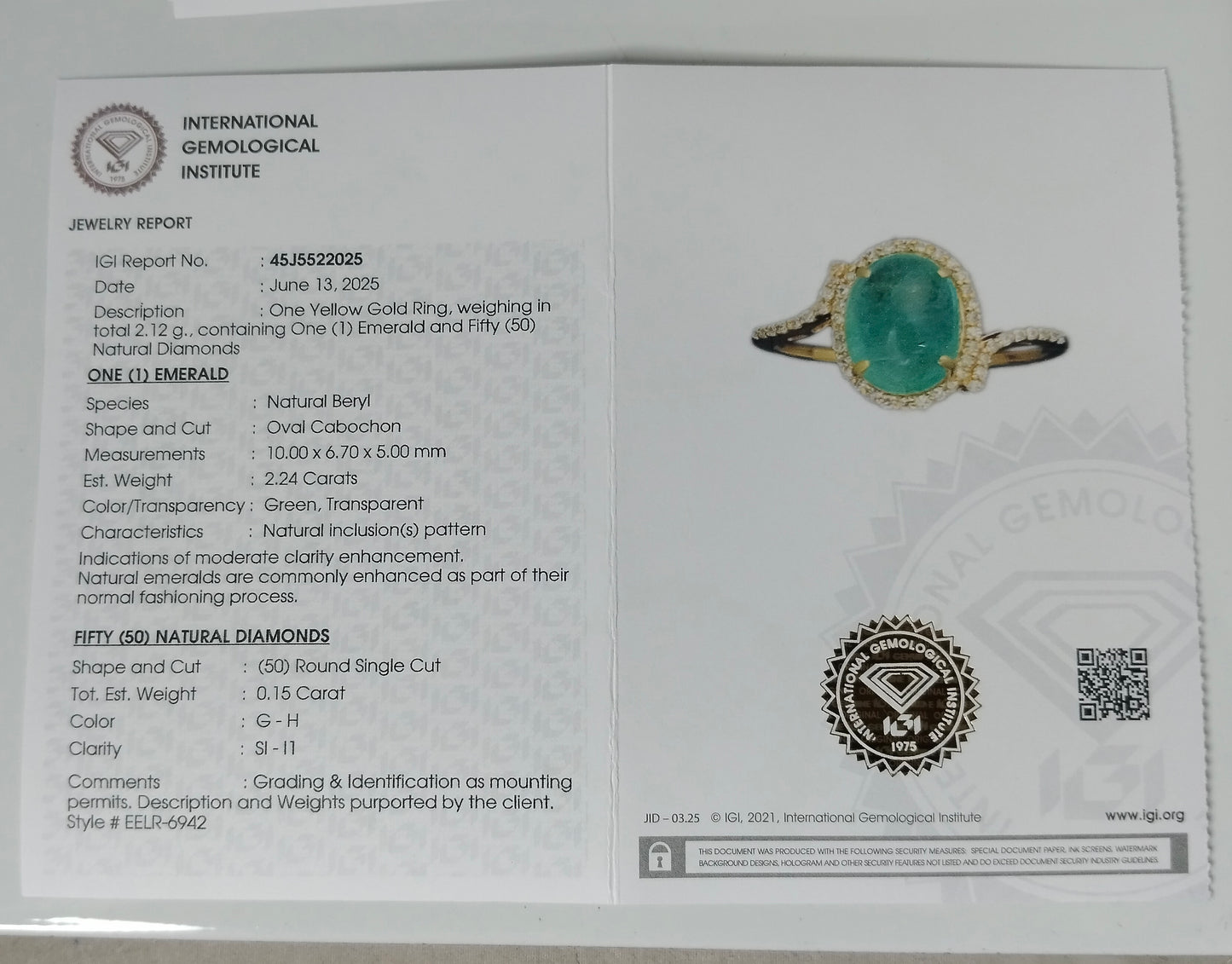 2.39 Ct Oval Cabochon Natural Beryl Emerald 14K Gold Ring