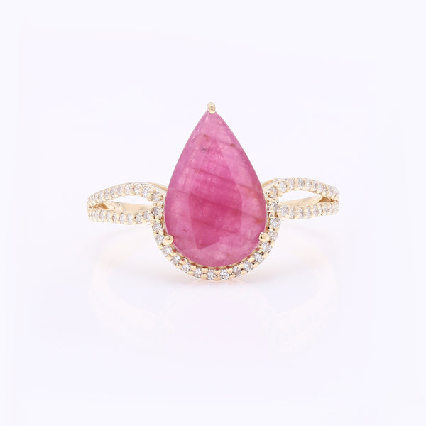 3.02 Ct Pear Mixed Cut Natural Ruby 14K Gold Ring