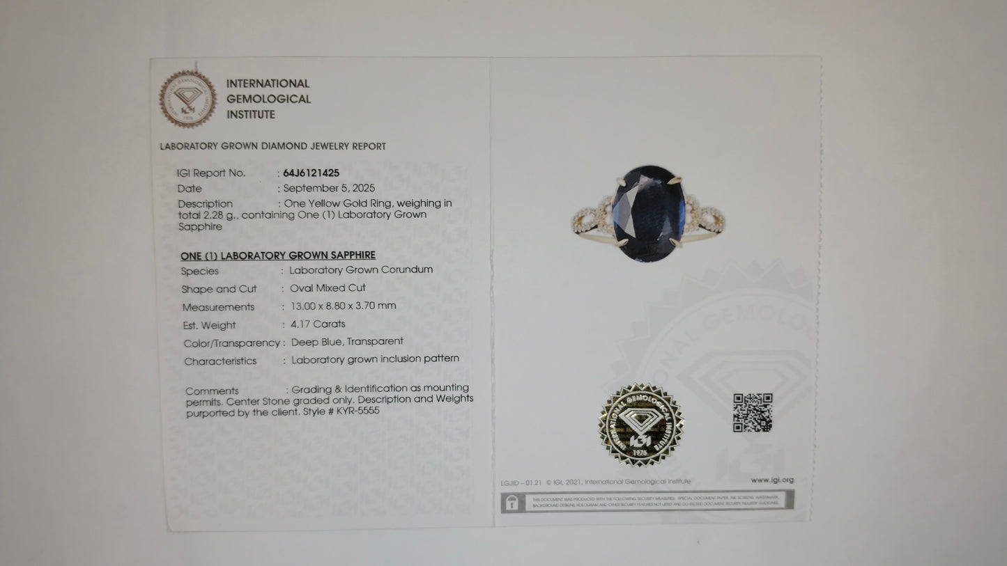 4.28 Ct Oval Mixed Cut Lab Grown Sapphire 14K Gold Ring