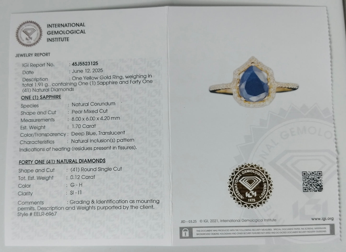 1.82 Ct Pear Mixed Cut Natural Corundum Sapphire 14K Gold Ring
