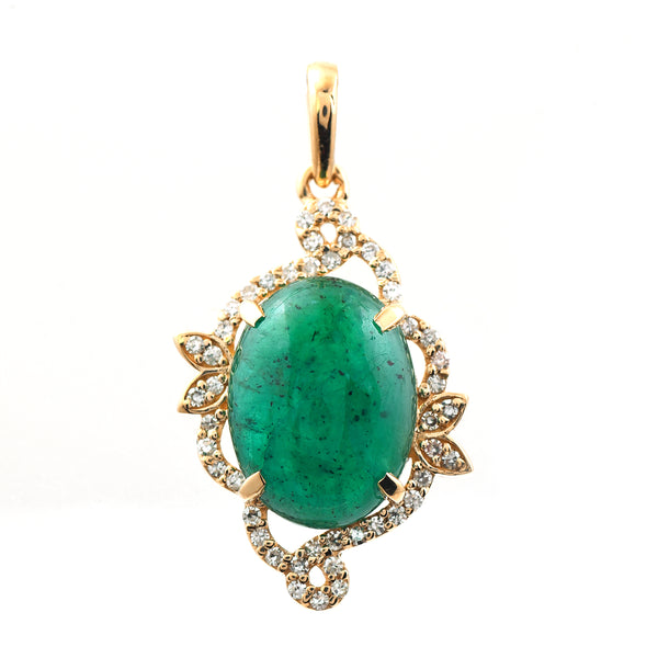 3.86 Ct Oval Cabochon Cut Natural Emerald 14K Gold Pendant