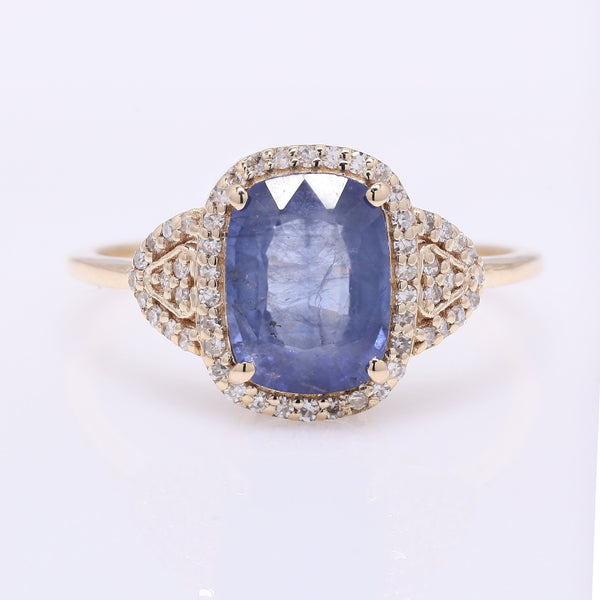 2.43 Ct Cushion Mixed Cut Natural Sapphire 14K Gold Ring